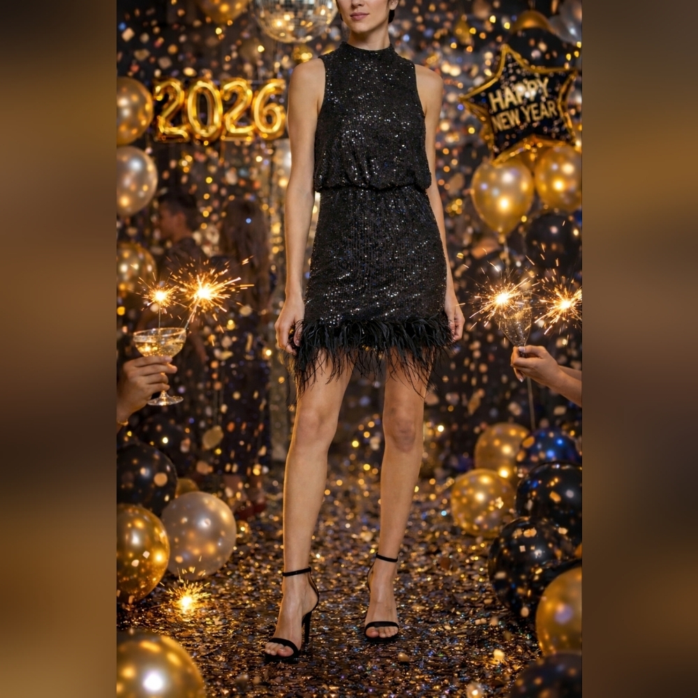 Eliza J black sequins and ostrich feather sleeveless mini